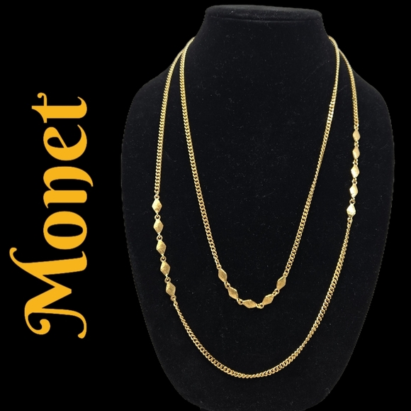 Monet Gold Tone Womens Necklace Chain Link With Diamond Shape Accents Minimalist - Picture 1 of 5